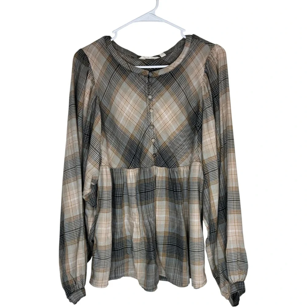 Me by Jennie Garth Drapey Flannel Blouse Womens Medium Brown Black Plaid A664756